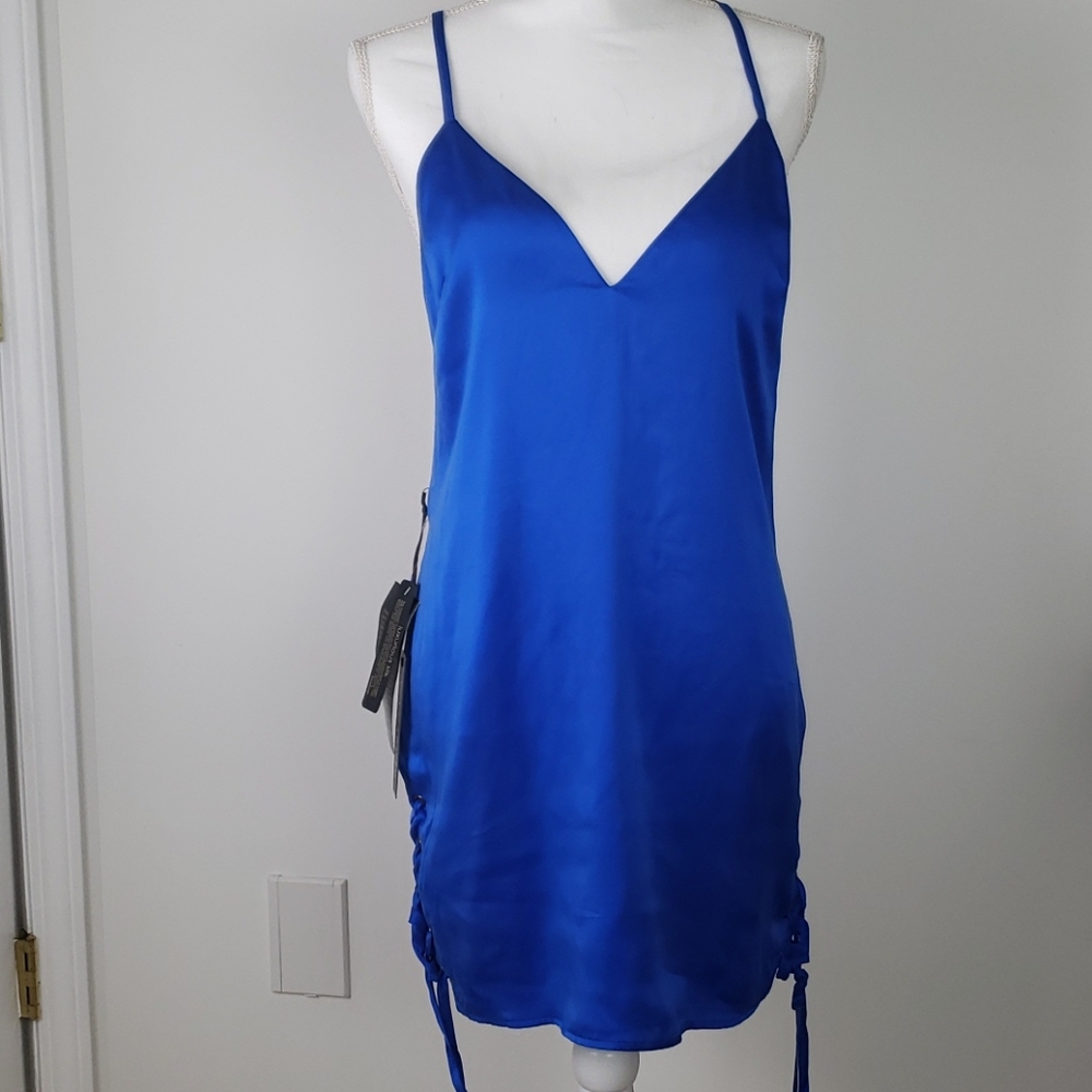 NWT bebe x NAVEN silk blue straps backless dress 6